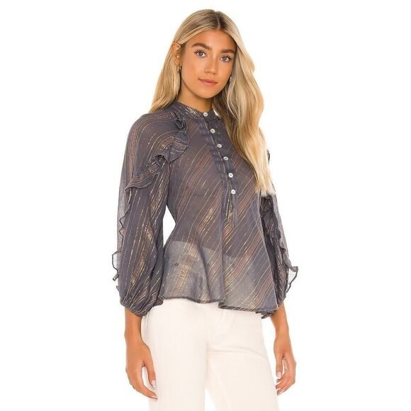 Jen's Pirate Booty blue striped button down shimmer Troubadour Top XS - Picture 2 of 8